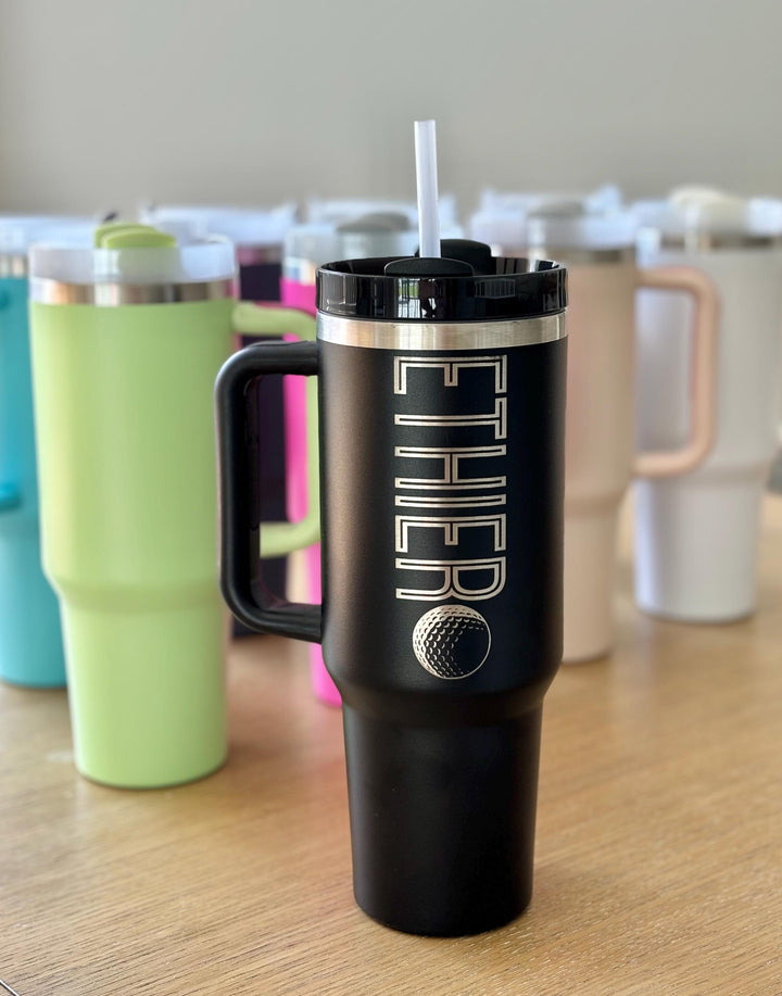 Personalized Sport 40oz Insulated Tumbler with Handle, Lid, and Straw Engraved Made