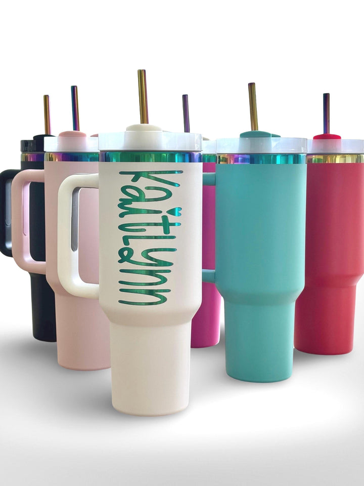 Personalized 40oz Insulated Tumbler with Handle, Lid, and Straw Engraved Made
