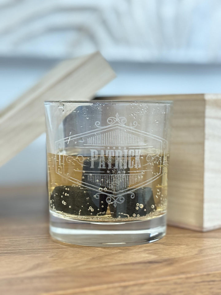 Sophisticated Personalized Whiskey Glass Set with Box & Whiskey Stones Engraved Made
