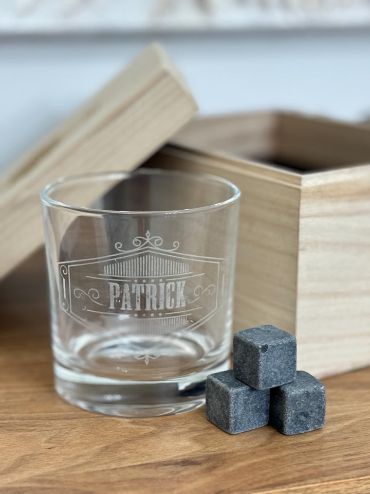 Sophisticated Personalized Whiskey Glass Set with Box & Whiskey Stones Engraved Made