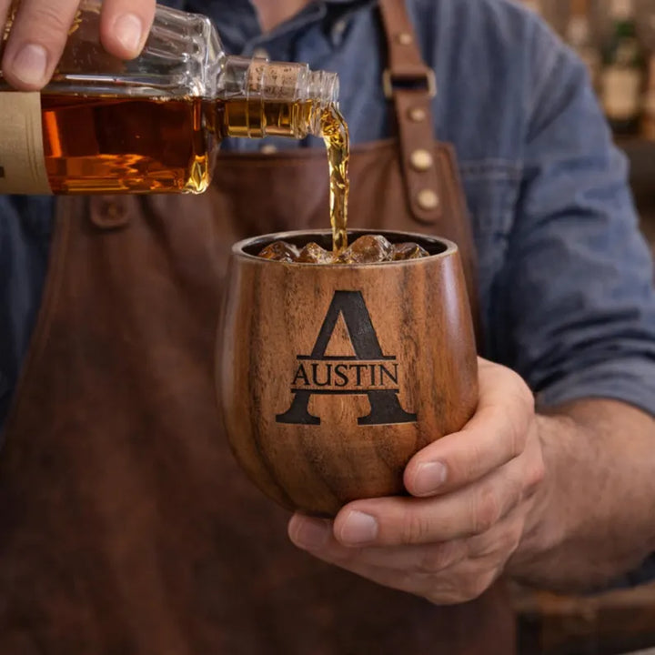 Rustic Oak Whiskey Glass with Burnt Wood, , Unique Barware for Scotch Whiskey Lovers, Gift for Men - Valentine's Day