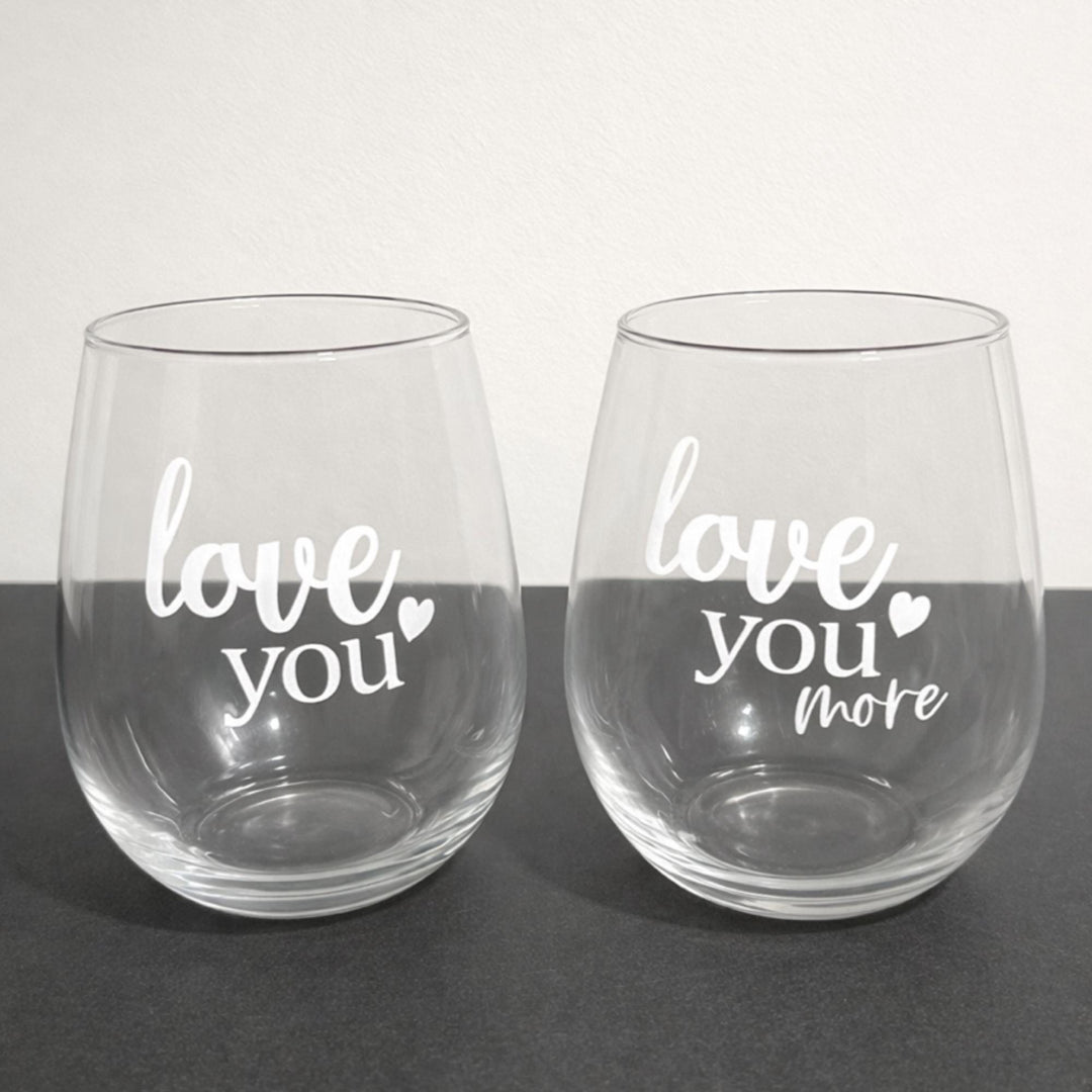Wine glasses pair with I Love You & I Love You More engraved, Romantic couple’s gift for anniversaries or special occasions, Valentines Day