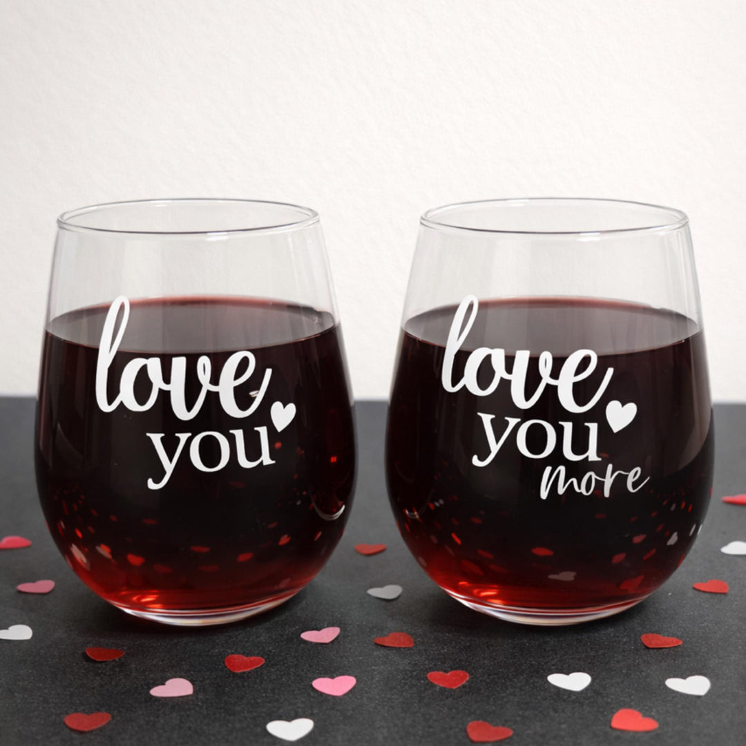 Wine glasses pair with I Love You & I Love You More engraved, Romantic couple’s gift for anniversaries or special occasions, Valentines Day