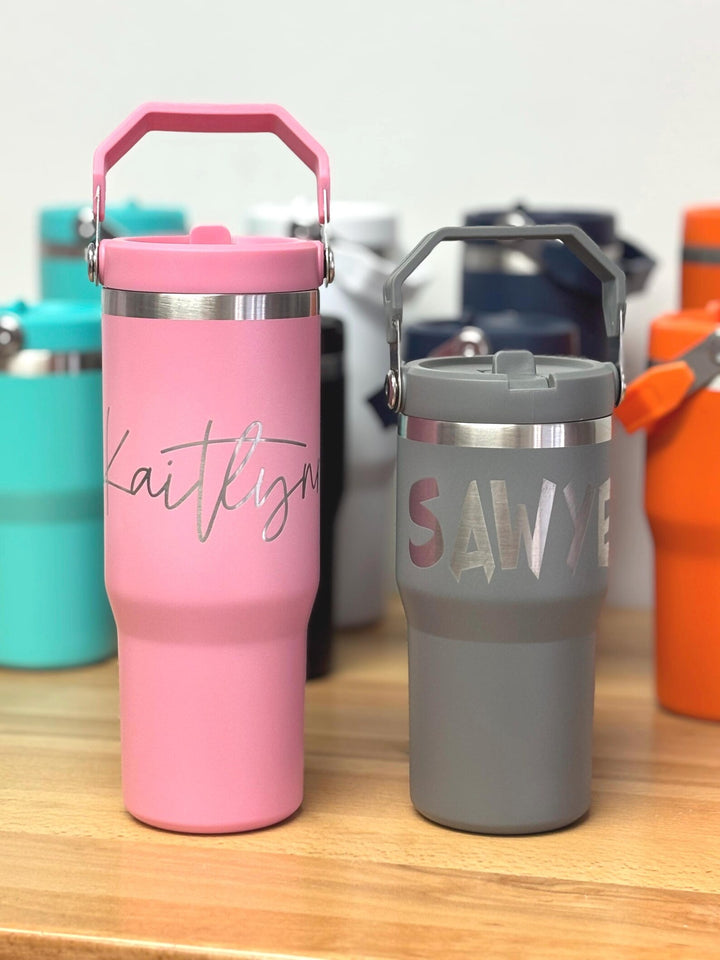 Personalized 30oz Insulated Tumbler: Engraved Cup With Handle and Fold Down Straw