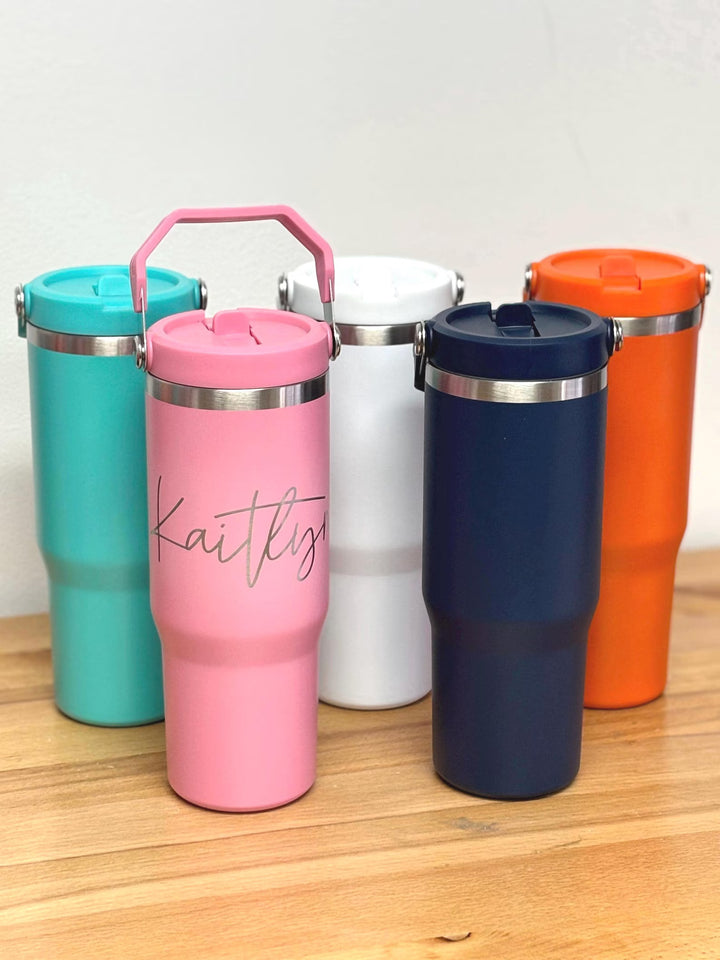 Personalized 30oz Insulated Tumbler: Engraved Cup With Handle and Fold Down Straw