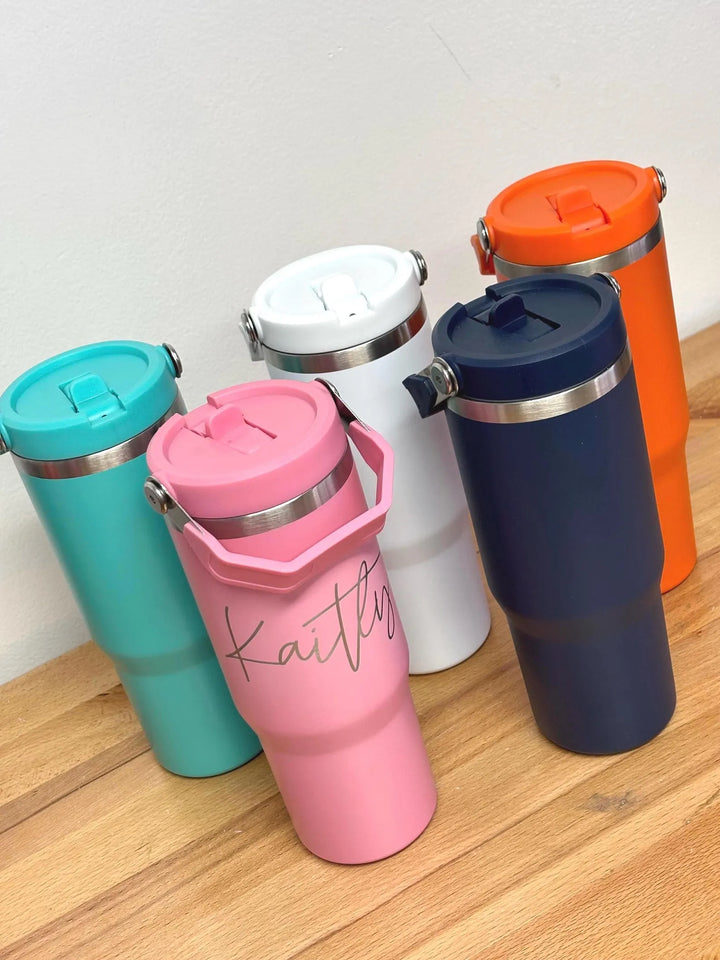 Personalized 30oz Insulated Tumbler: Engraved Cup With Handle and Fold Down Straw