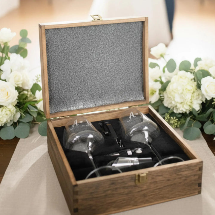 Personalized Wooden Wine Gift Box Set with Engraved Glasses and Wine Opener Accessories