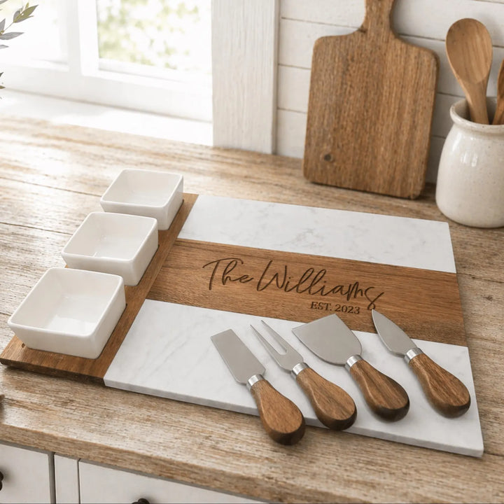 Marble Wood Cheese Board ,Personalized Serving Board - Engraved Wedding Gift, Family Gift, Custom Charcuterie Board, New House
