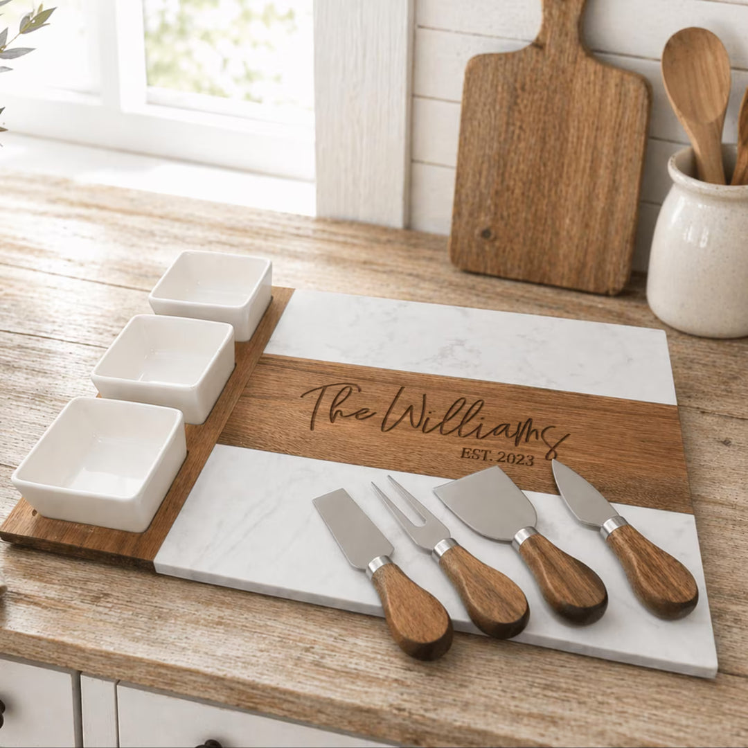 Personalized serving board for couple or family gift, cheese board with wood & marble, engraved wedding gift Engraved Made