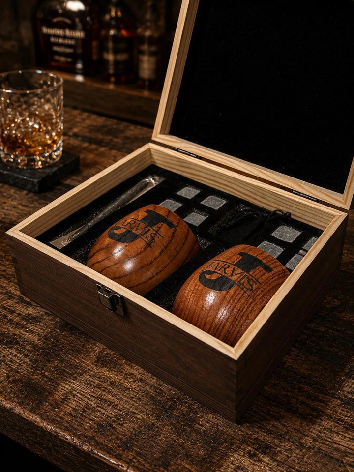 Custom Engraved Wooden Whiskey Glasses Set, Personalized Anniversary Gift for Him, Birthday Gifts for Husband- Brother - Wedding - Best man Engraved Made