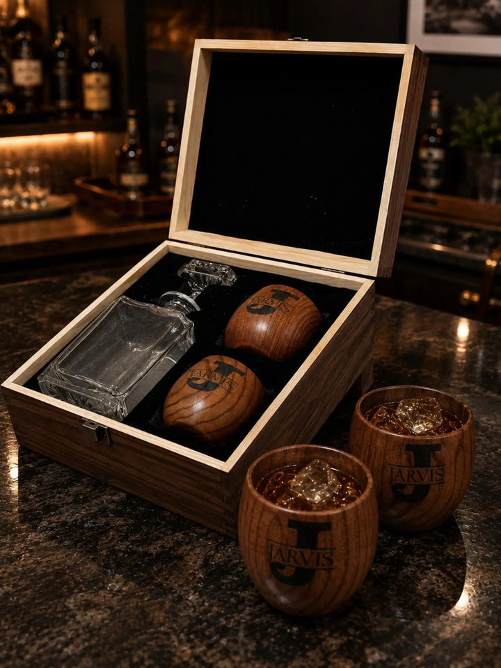 Personalized whiskey decanter set with box, custom engraved decanter, barware gifts, scotch decanters, bourbon Wood Cups , Oak whiskey Cups Engraved Made