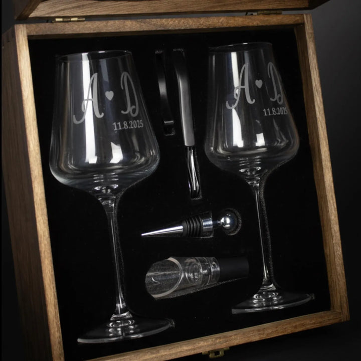 Personalized Wooden Wine Gift Box Set with Engraved Glasses and Wine Opener Accessories