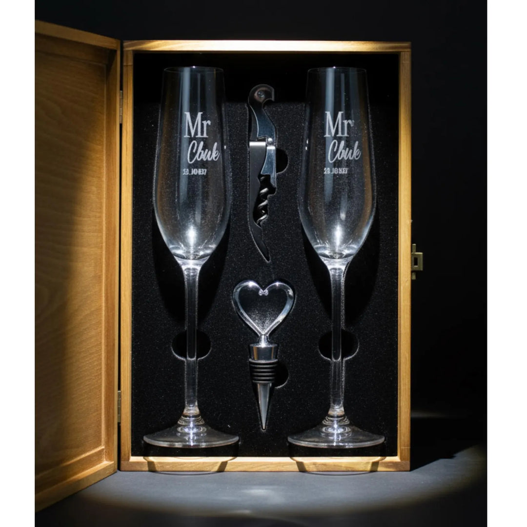 Personalized Champagne Box Set with Engraved Champagne Flutes- Wedding Gifts