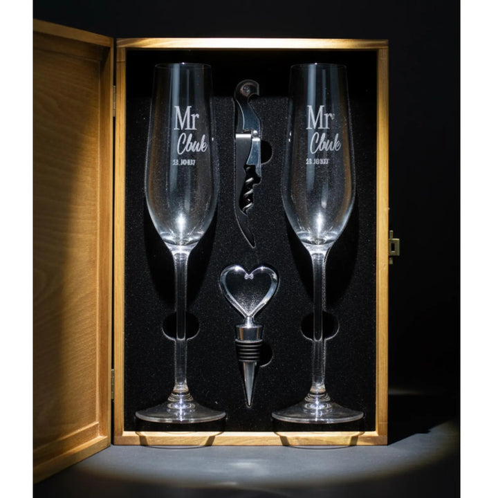 Personalized Champagne Box Set with Engraved Champagne Flutes- Wedding Gifts