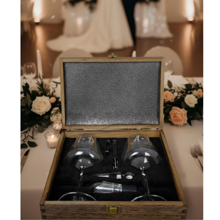 Personalized Wooden Wine Gift Box Set with Engraved Glasses and Wine Opener Accessories