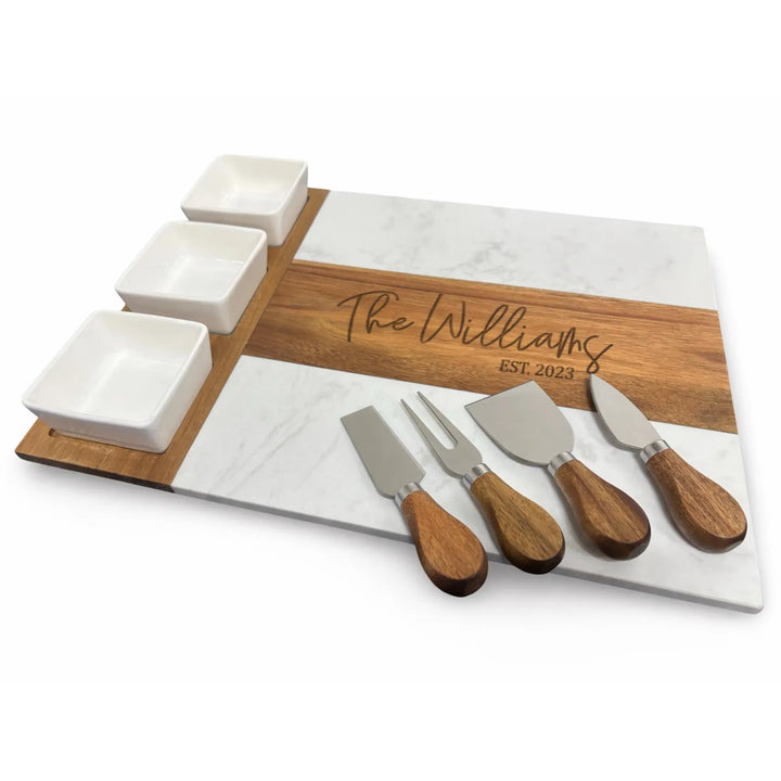 Marble Wood Cheese Board ,Personalized Serving Board - Engraved Wedding Gift, Family Gift, Custom Charcuterie Board, New House