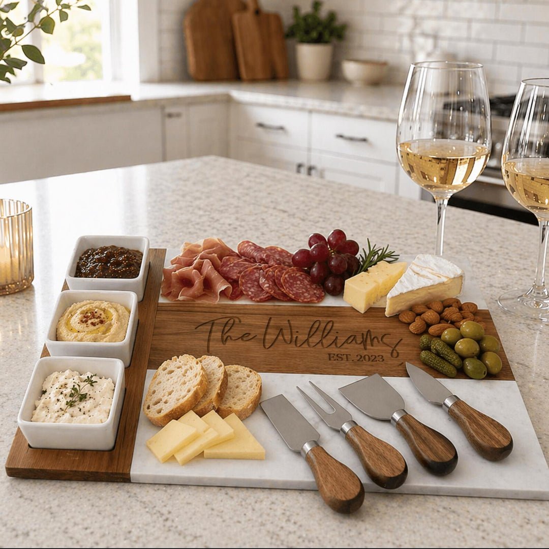 Personalized serving board for couple or family gift, cheese board with wood & marble, engraved wedding gift Engraved Made