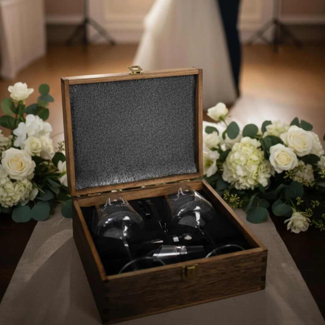 Personalized Wooden Wine Gift Box Set with Engraved Glasses and Wine Opener Accessories