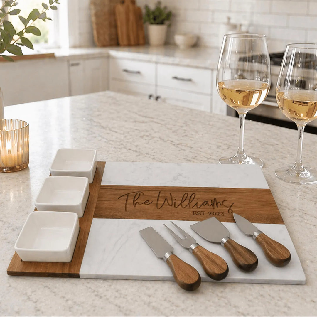 Marble Wood Cheese Board ,Personalized Serving Board - Engraved Wedding Gift, Family Gift, Custom Charcuterie Board, New House
