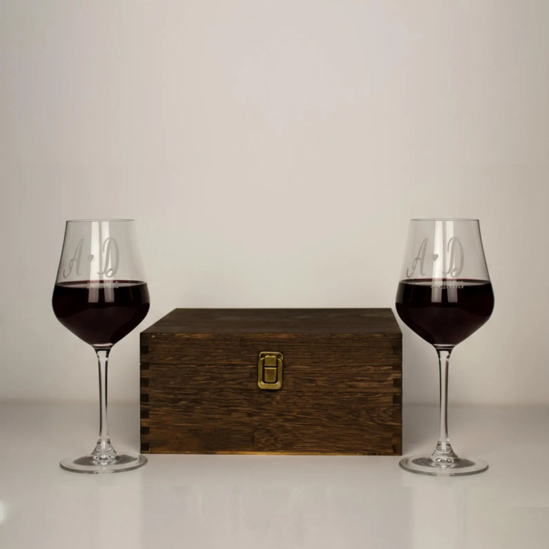 Personalized Wooden Wine Gift Box Set with Engraved Glasses and Wine Opener Accessories