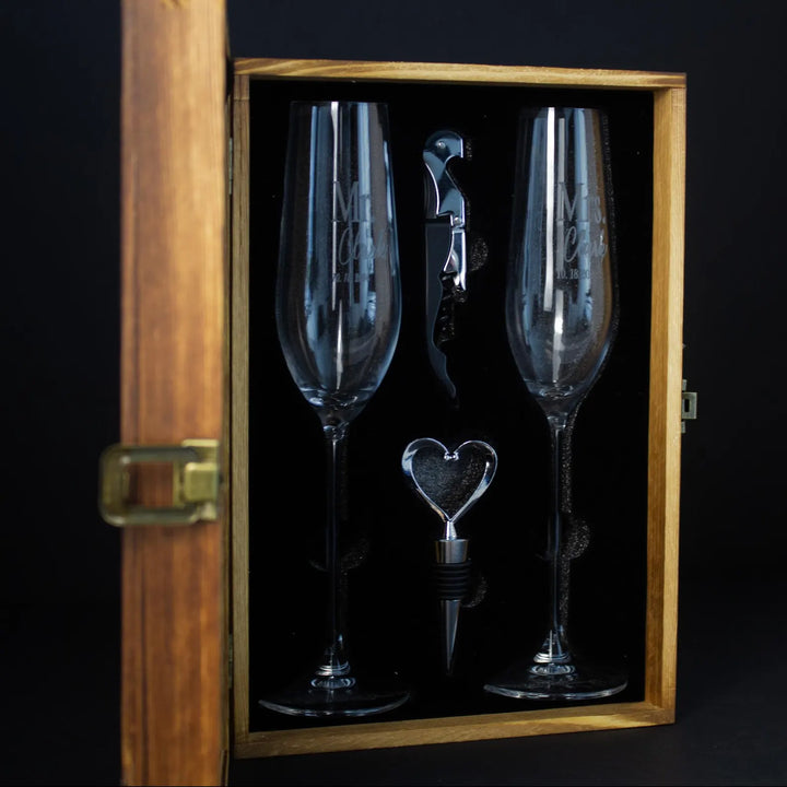 Personalized Champagne Box Set with Engraved Champagne Flutes- Wedding Gifts