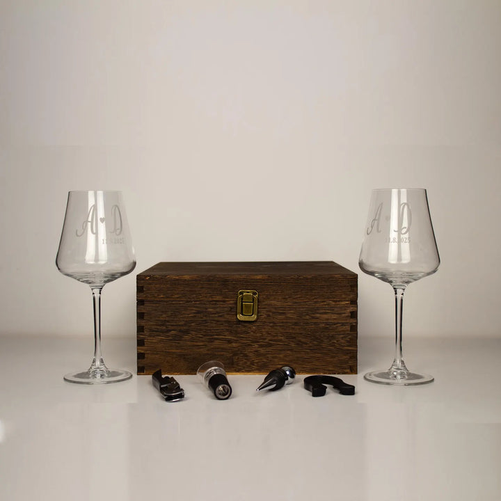 Personalized Wooden Wine Gift Box Set with Engraved Glasses and Wine Opener Accessories
