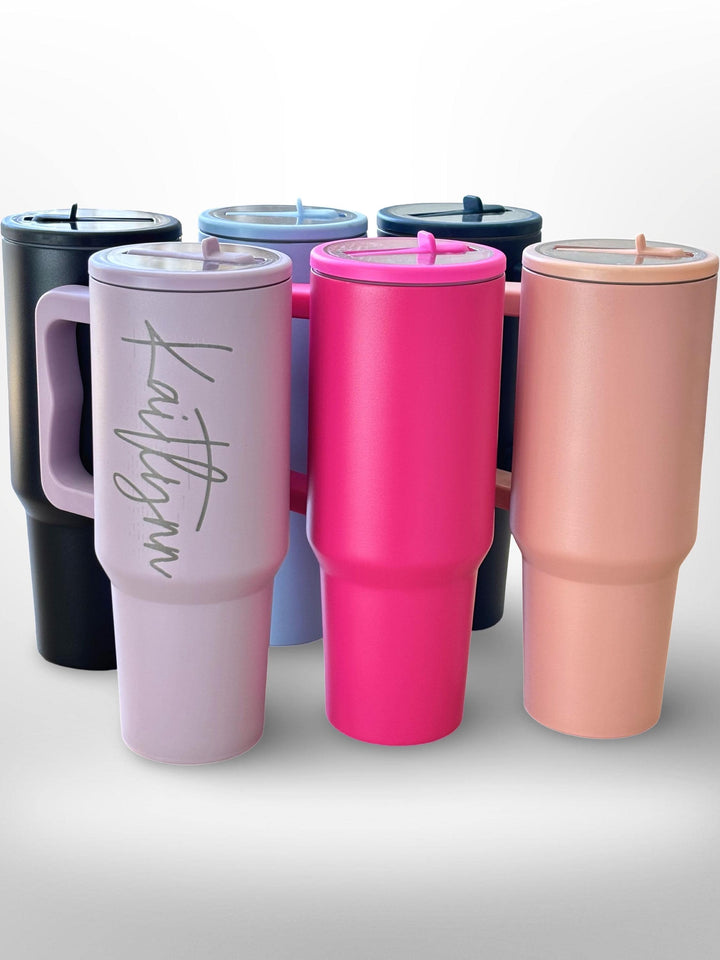 Personalized 40oz Insulated Tumbler with Handle, Lid, and Straw Engraved Made