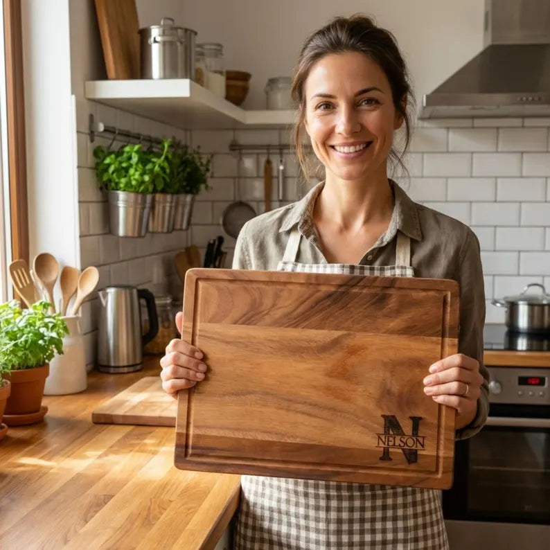 Personalized Hardwood Walnut Cutting Board with Juice Groove ,Custom Split Monogram Gift | Engraved Wedding & Housewarming Present