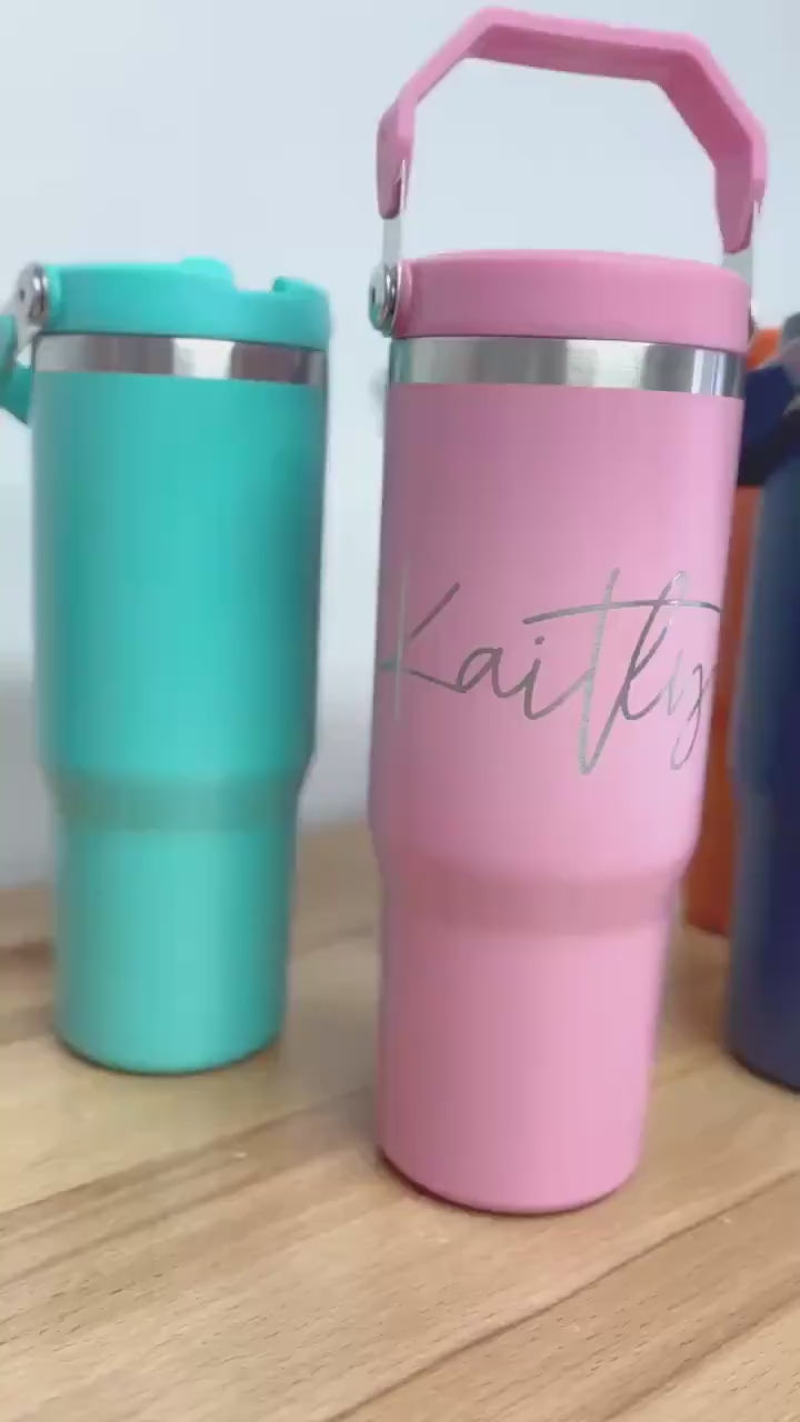 Personalized 30oz Insulated Tumbler: Engraved Cup With Handle and Fold Down Straw