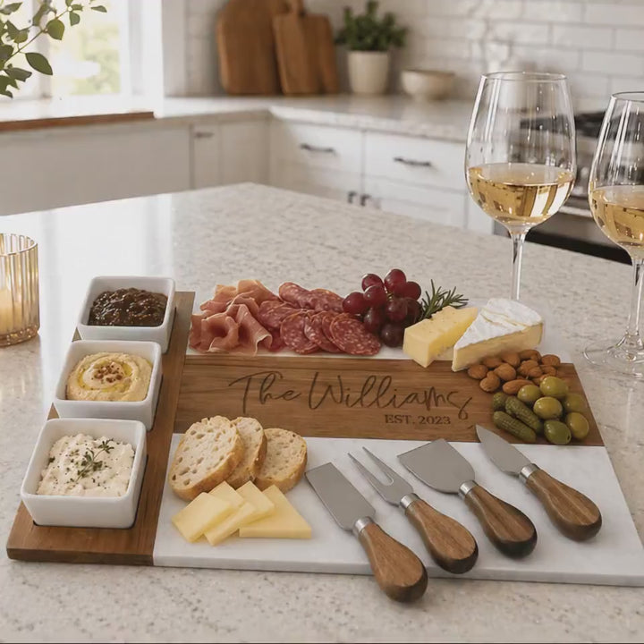 Marble Wood Cheese Board ,Personalized Serving Board - Engraved Wedding Gift, Family Gift, Custom Charcuterie Board, New House