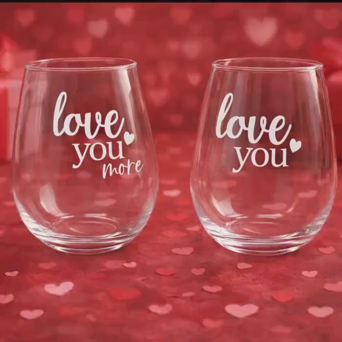 Wine glasses pair with I Love You & I Love You More engraved, Romantic couple’s gift for anniversaries or special occasions, Valentines Day