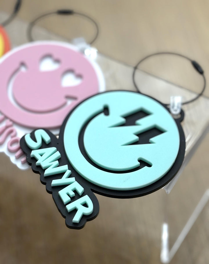 Smiley Face Backpack Keychains Engraved Made